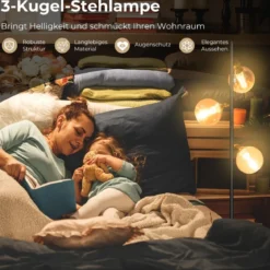 162cm Stehlampe 3 flammig freistehende Stehleuchte mit Fußschalter Metallmast Leselampe für Wohnzimmer Schlafzimmer