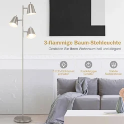 163cm Stehlampe mit 3 E27 Glühbirnen & 360° Verstellbaren Lampenschirmen Stehleuchte Silber