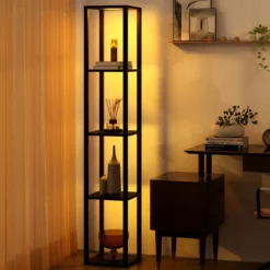 162cm Stehlampe mit Regalen & Dimmbaren LED-Lichtern & Fußschalter Standlampe Eckregal