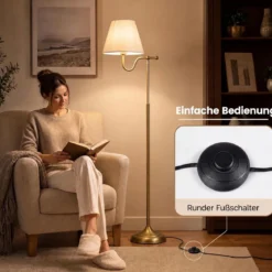 158 cm Stehlampe mit Stoffschirm & Metallgestell Stehleuchte mit Fußschalter & E27-fassung