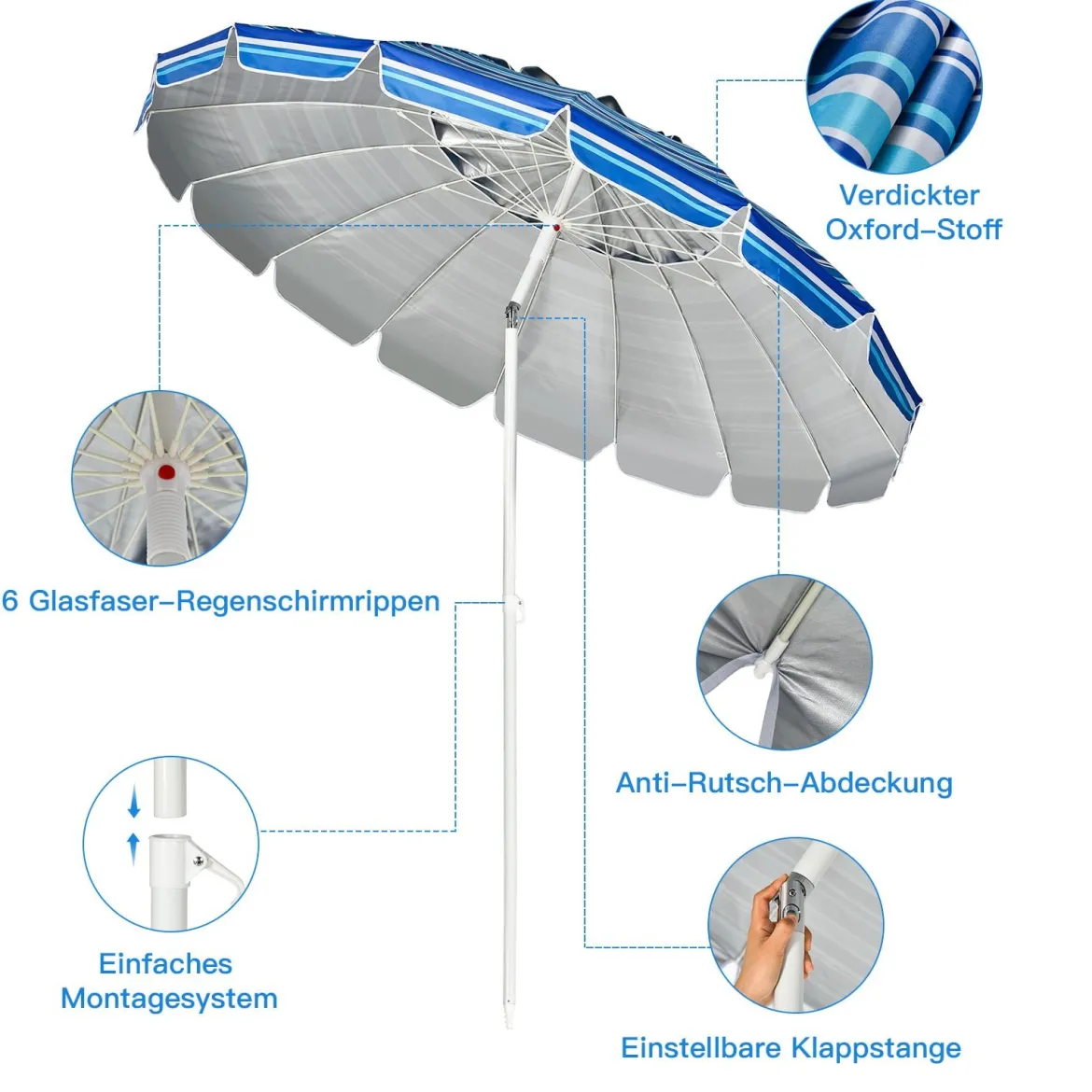 243cm Strand-Sonnenschirm Outdoor-Sonnenschirm Strandschirm Alu neigbar Terrassenschirm