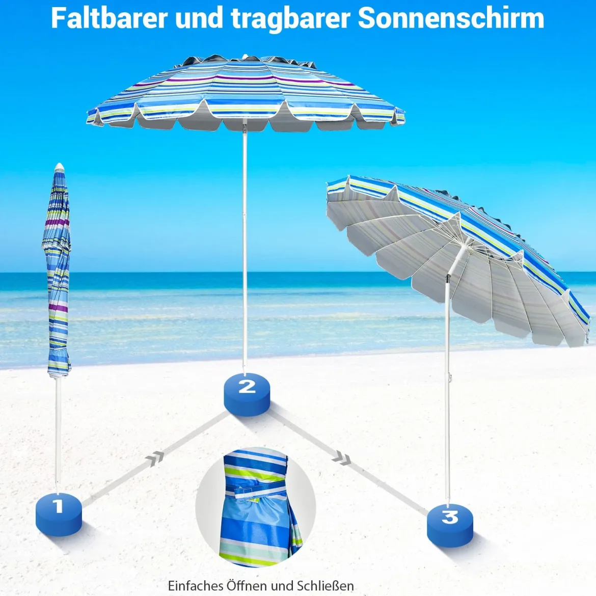 243cm Strand-Sonnenschirm Outdoor-Sonnenschirm Strandschirm Alu neigbar Terrassenschirm