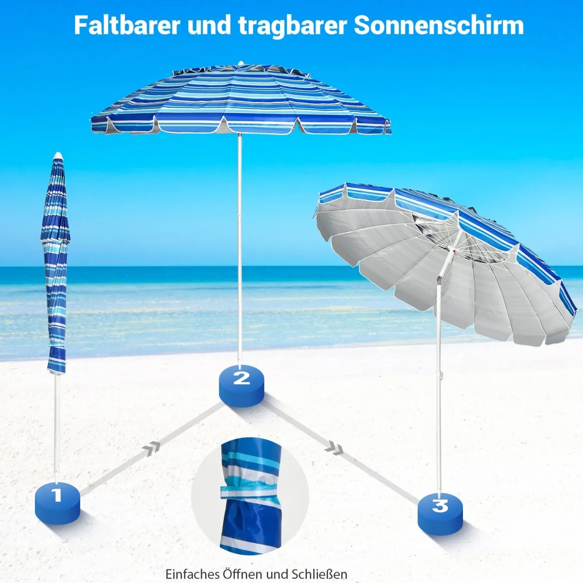 243cm Strand-Sonnenschirm Outdoor-Sonnenschirm Strandschirm Alu neigbar Terrassenschirm