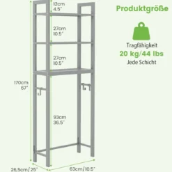 170 cm Toilettenregal mit 3 Ablagen & Höhenverstellbarer Querstange WC Regal Grau