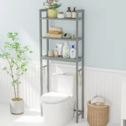 170 cm Toilettenregal mit 3 Ablagen & Höhenverstellbarer Querstange WC Regal Grau