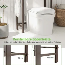 170 cm Toilettenregal mit 3 Ablagen & Höhenverstellbarer Querstange WC Regal Braun