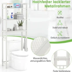 170 cm Toilettenregal mit 3 Ablagen & Höhenverstellbarer Querstange WC Regal Weiß