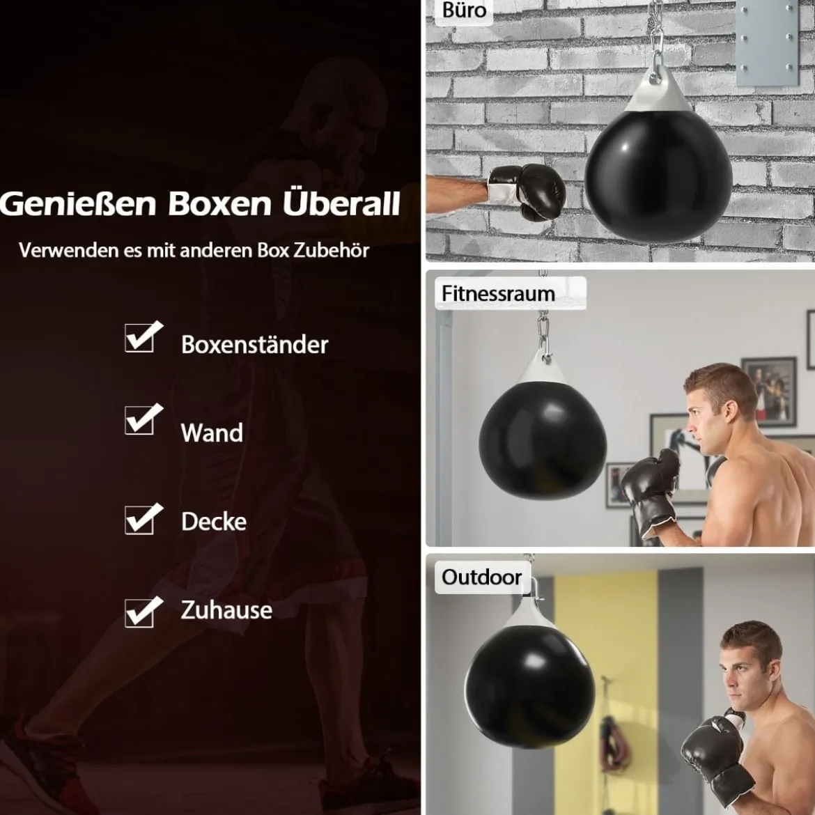Ø45 cm Wasserboxsack 50 kg Boxing Punching Bag mit Verstellbarer Metallkette Schwarz