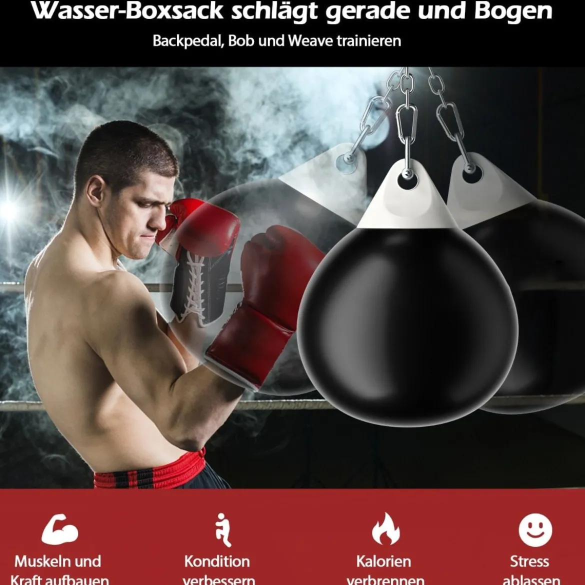 Ø45 cm Wasserboxsack 50 kg Boxing Punching Bag mit Verstellbarer Metallkette Schwarz