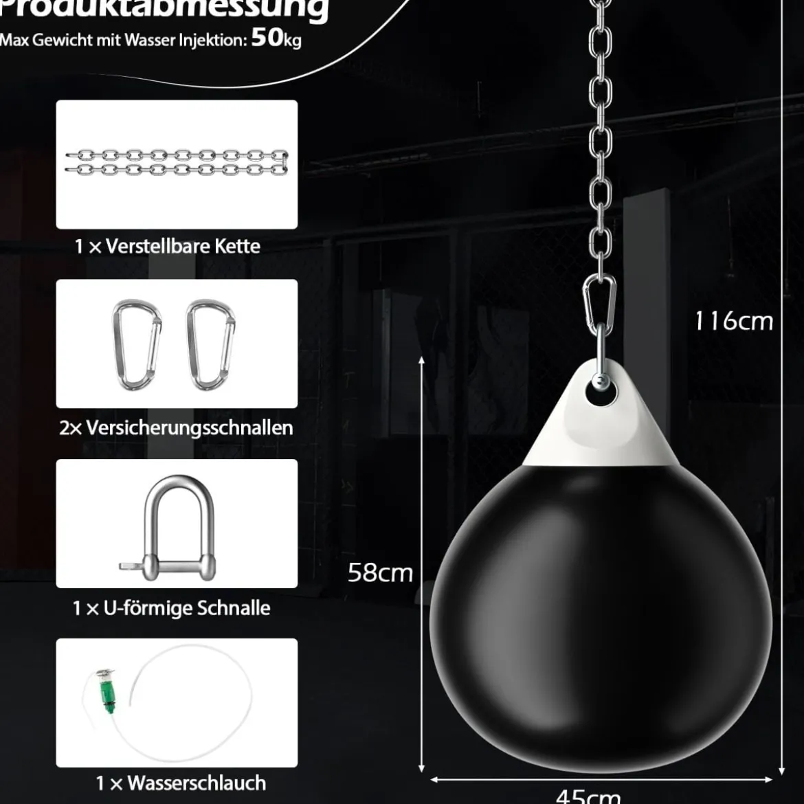Ø45 cm Wasserboxsack 50 kg Boxing Punching Bag mit Verstellbarer Metallkette Schwarz