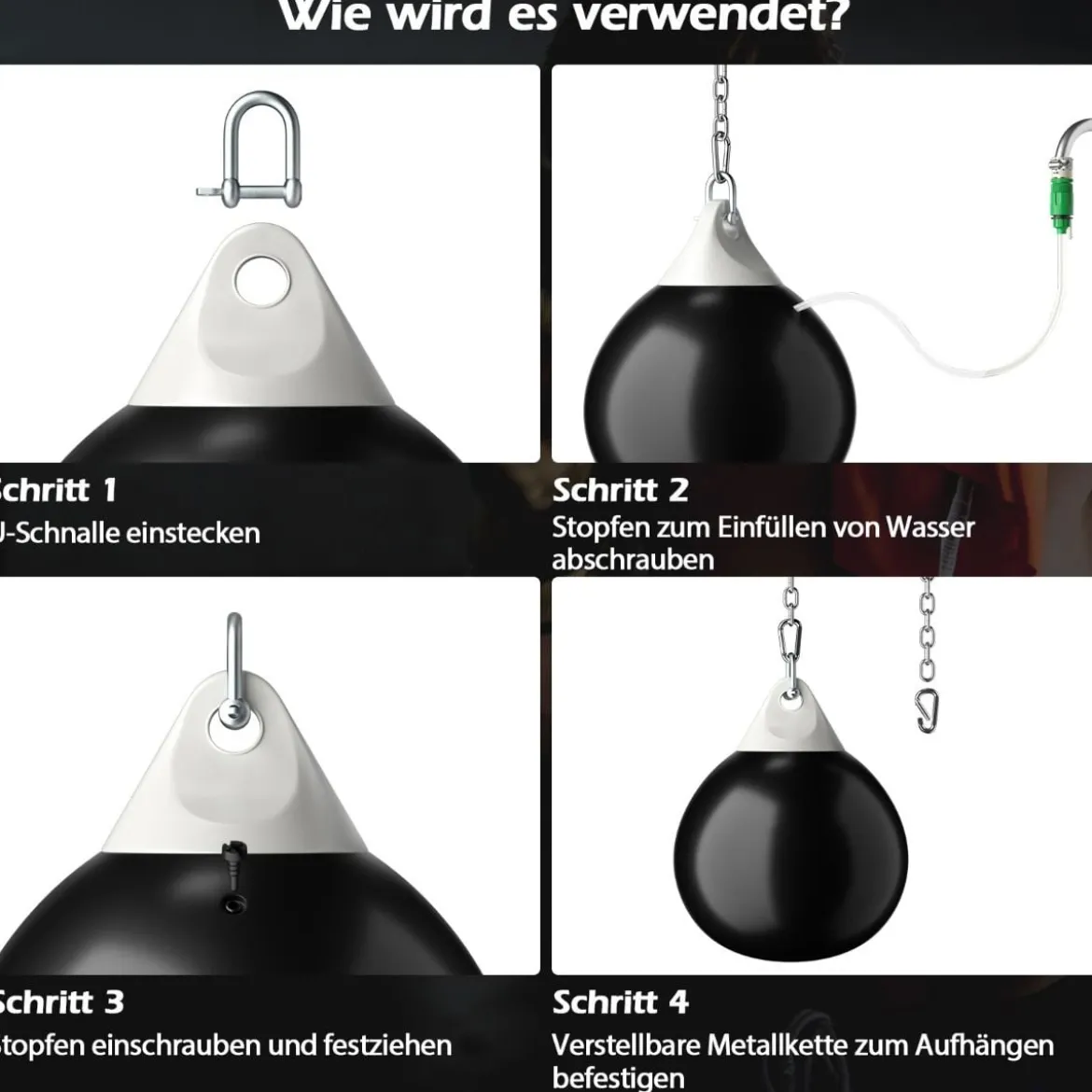Ø45 cm Wasserboxsack 50 kg Boxing Punching Bag mit Verstellbarer Metallkette Schwarz