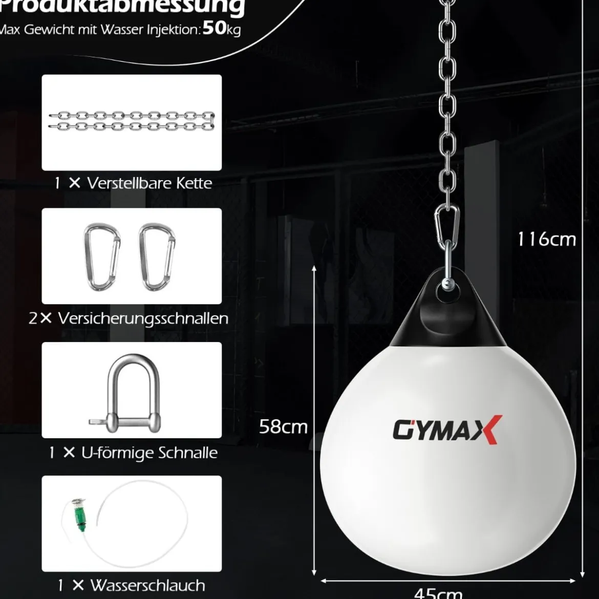 Ø45 cm Wasserboxsack 50 kg Boxing Punching Bag mit Verstellbarer Metallkette Weiß