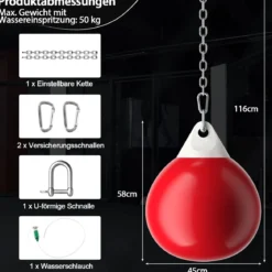 Ø45 cm Wasserboxsack 50 kg Boxing Punching Bag mit Verstellbarer Metallkette Rot