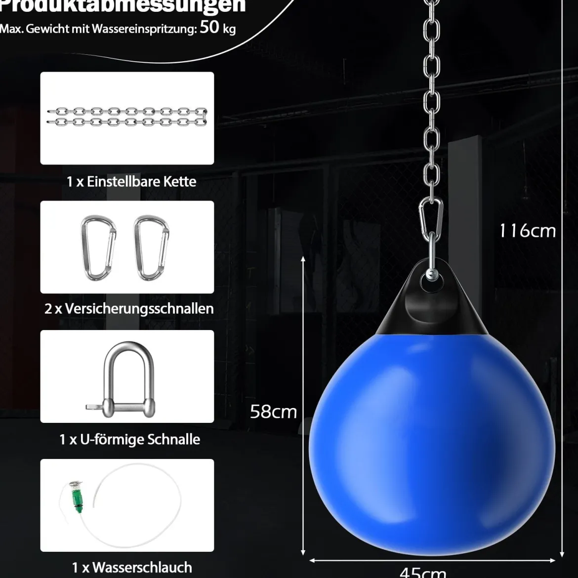 Ø45 cm Wasserboxsack 50 kg Boxing Punching Bag mit Verstellbarer Metallkette Blau