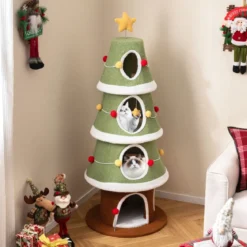 154 cm Weihnachts-Kratzbaum mit 4 Kuschelhöhlen & Sisal-Teppich Katzenbaum Kletterturm