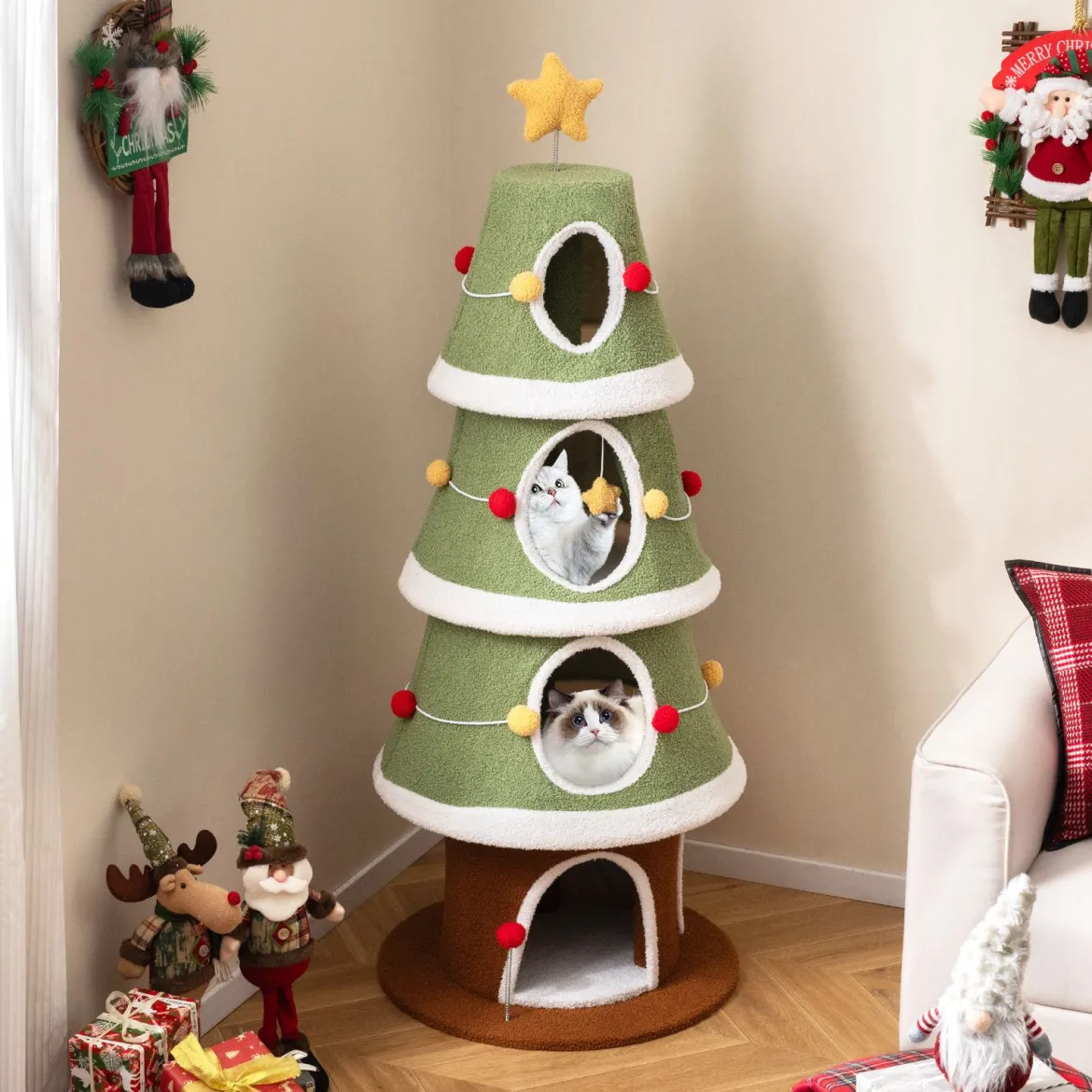 154 cm Weihnachts-Kratzbaum mit 4 Kuschelhöhlen & Sisal-Teppich Katzenbaum Kletterturm