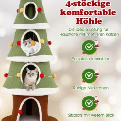 154 cm Weihnachts-Kratzbaum mit 4 Kuschelhöhlen & Sisal-Teppich Katzenbaum Kletterturm