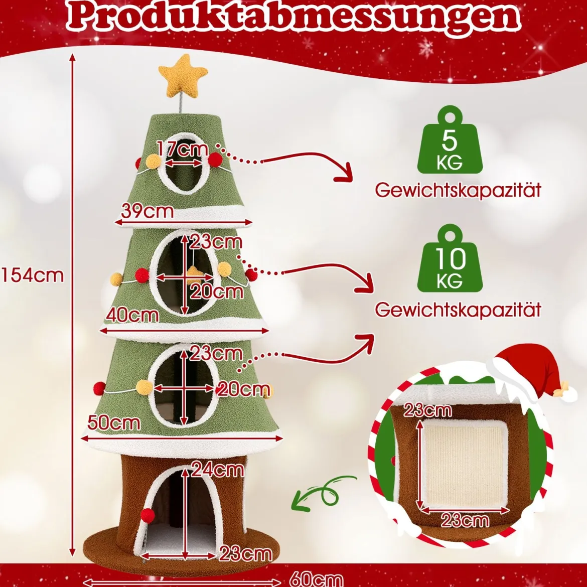 154 cm Weihnachts-Kratzbaum mit 4 Kuschelhöhlen & Sisal-Teppich Katzenbaum Kletterturm