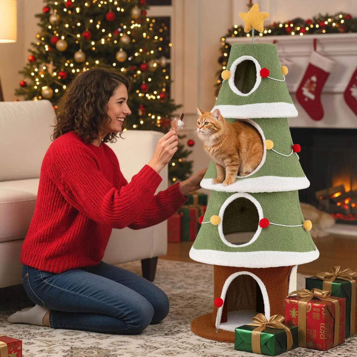 154 cm Weihnachts-Kratzbaum mit 4 Kuschelhöhlen & Sisal-Teppich Katzenbaum Kletterturm