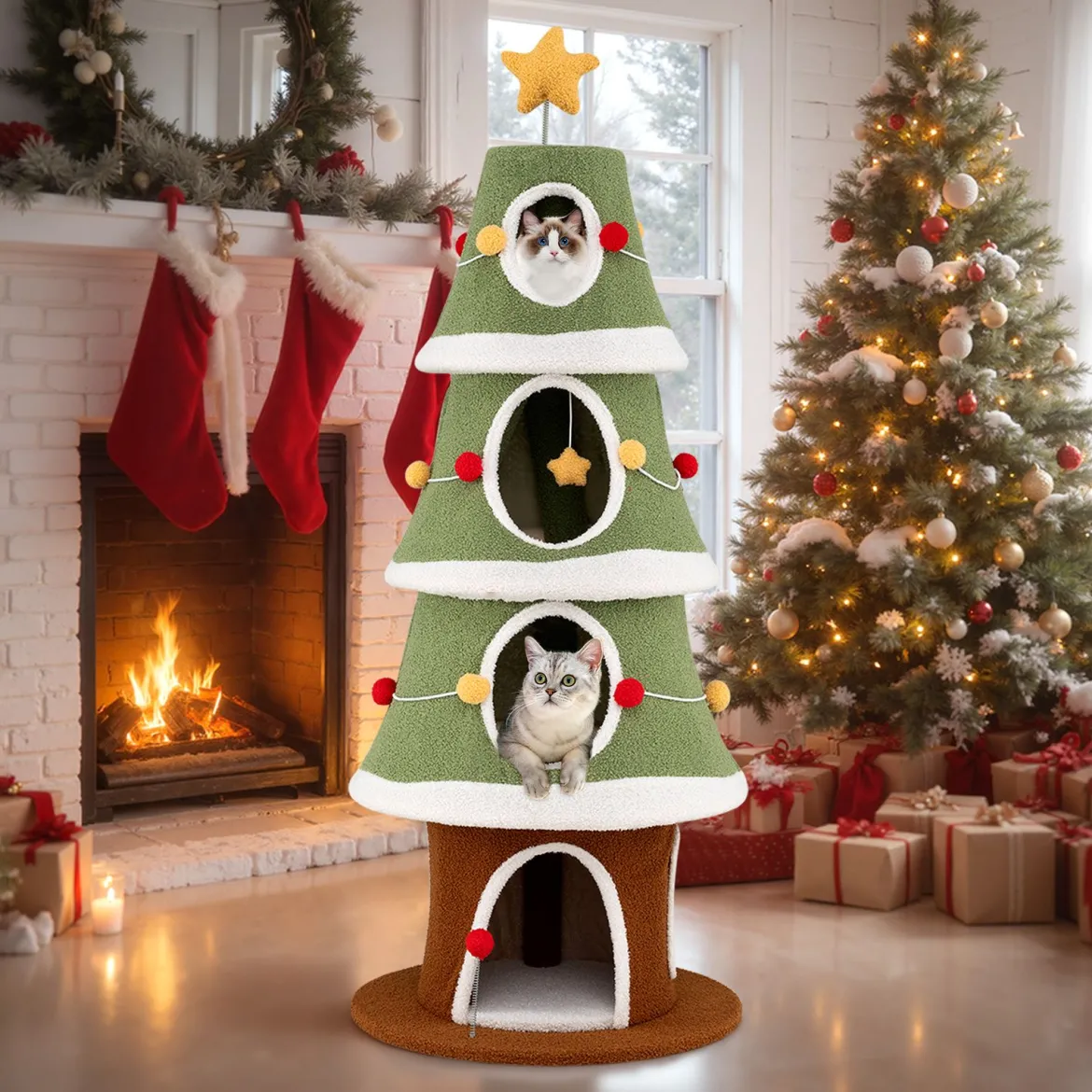 154 cm Weihnachts-Kratzbaum mit 4 Kuschelhöhlen & Sisal-Teppich Katzenbaum Kletterturm