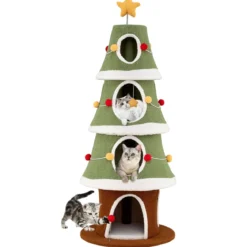 154 cm Weihnachts-Kratzbaum mit 4 Kuschelhöhlen & Sisal-Teppich Katzenbaum Kletterturm