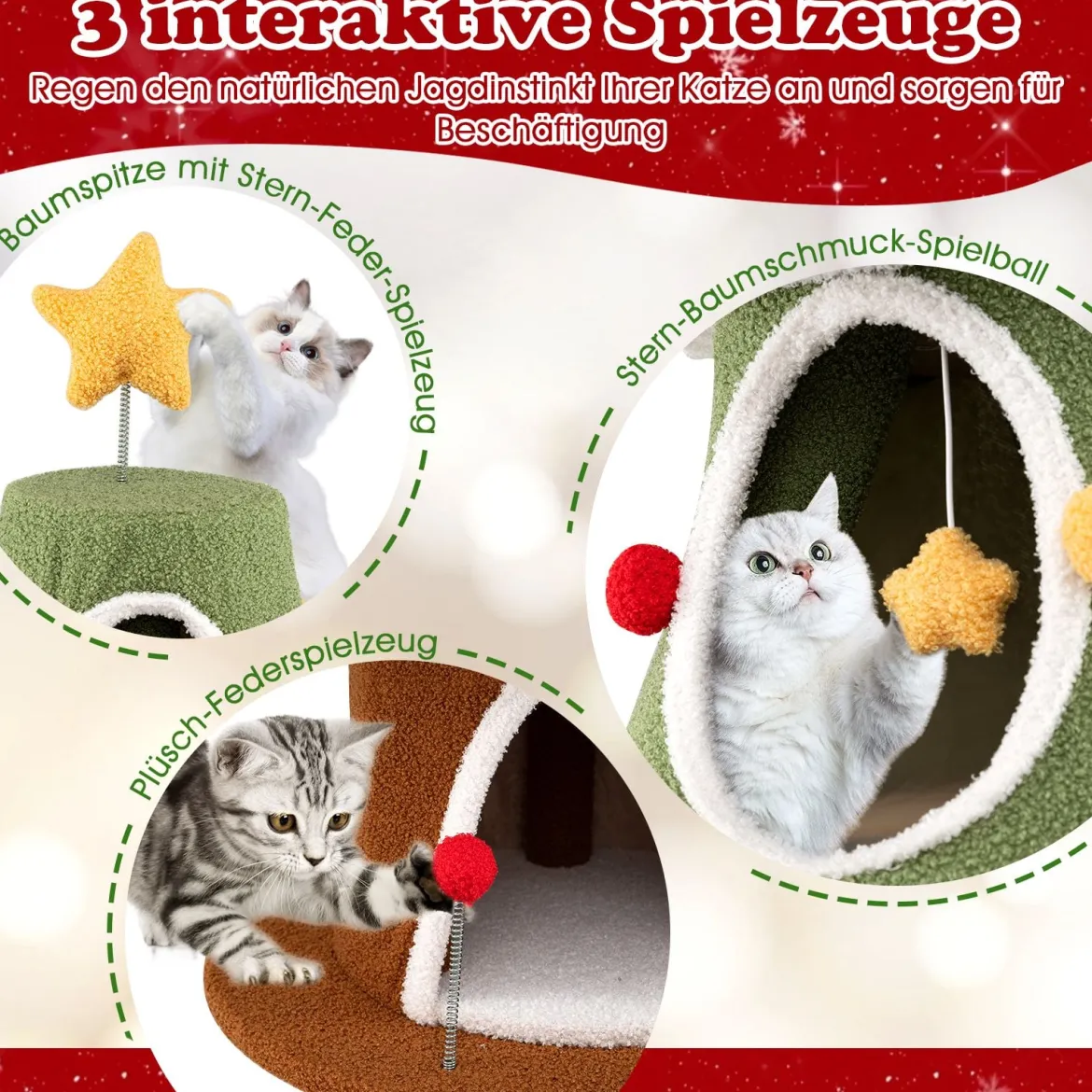 154 cm Weihnachts-Kratzbaum mit 4 Kuschelhöhlen & Sisal-Teppich Katzenbaum Kletterturm