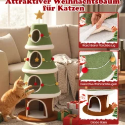 154 cm Weihnachts-Kratzbaum mit 4 Kuschelhöhlen & Sisal-Teppich Katzenbaum Kletterturm