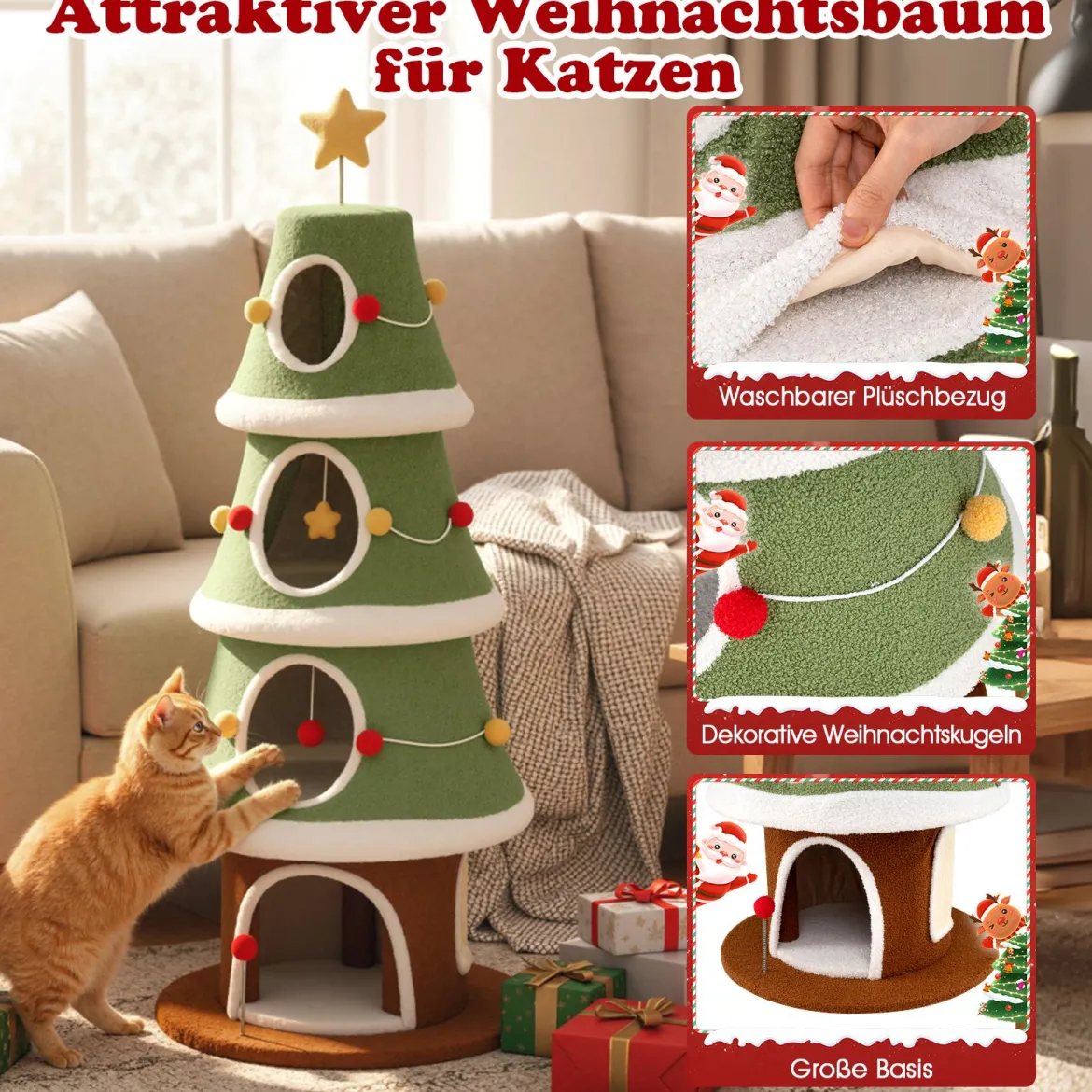 154 cm Weihnachts-Kratzbaum mit 4 Kuschelhöhlen & Sisal-Teppich Katzenbaum Kletterturm