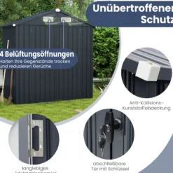 193 cm x 108 cm x 196 cm Außengeräteschuppen verzinktes Metallgerätehaus mit 4 Lüftungen Dunkelgrau