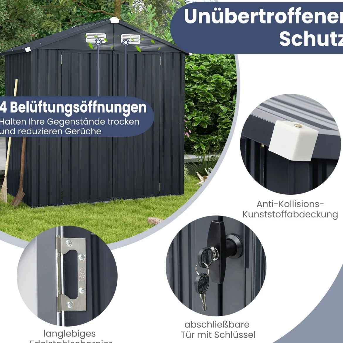 193 cm x 108 cm x 196 cm Außengeräteschuppen verzinktes Metallgerätehaus mit 4 Lüftungen Dunkelgrau