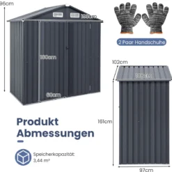 193 cm x 108 cm x 196 cm Außengeräteschuppen verzinktes Metallgerätehaus mit 4 Lüftungen Dunkelgrau