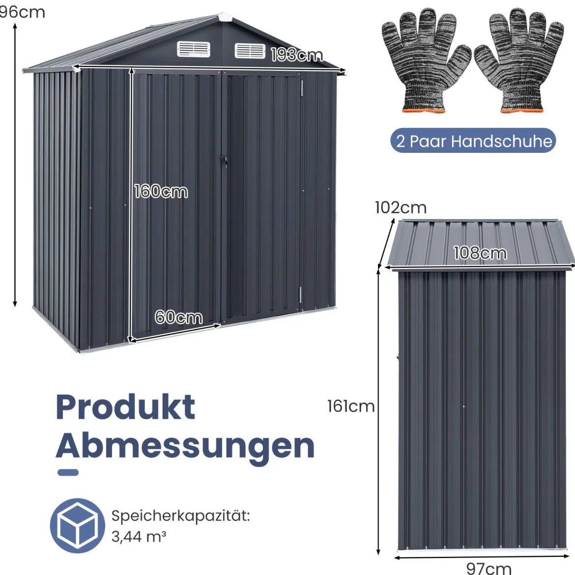 193 cm x 108 cm x 196 cm Außengeräteschuppen verzinktes Metallgerätehaus mit 4 Lüftungen Dunkelgrau