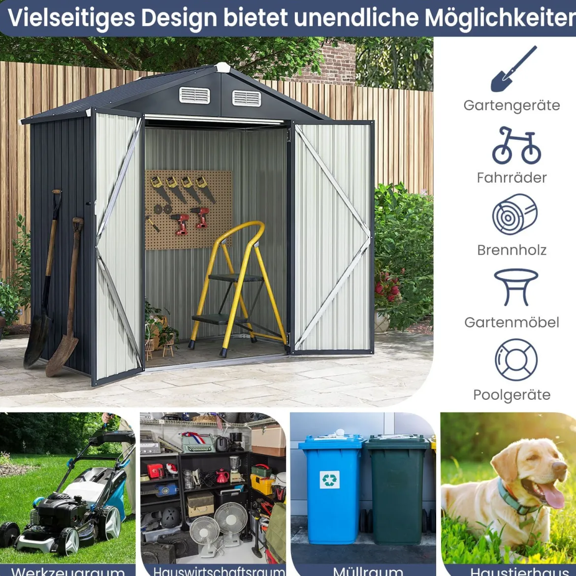 193 cm x 108 cm x 196 cm Außengeräteschuppen verzinktes Metallgerätehaus mit 4 Lüftungen Dunkelgrau