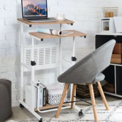 Computertisch 2-in-1 Bürotisch mit Höhenverstellbarer Tischplatte 55 x 53 x 98 cm Natur + Weiß