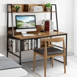 Computertisch mit Ablage & Bücherregal & Verstellbaren Fußpads Schreibtisch Arbeitstisch Kaffee