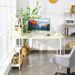Computertisch mit Ablagefläche mit verstellbaren Untersetzern Bürotisch Homeoffice-Schreibtisch Weiß