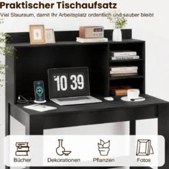 Computertisch mit Aufsatzschrank Bürotisch mit Steckdosen & Kabeldurchführung moderner Schminktisch-Schreibtisch Schwarz