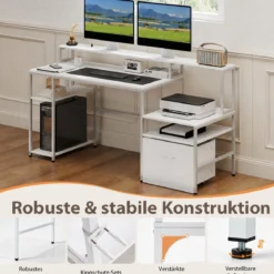 Computertisch mit Ladestation & Erhöhtem Monitorhalter Mehrstöckiger Schreibtisch 166 x 60 x 88 cm Weiß
