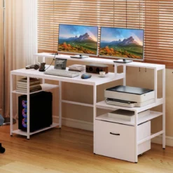 Computertisch mit Ladestation & Erhöhtem Monitorhalter Mehrstöckiger Schreibtisch 166 x 60 x 88 cm Weiß