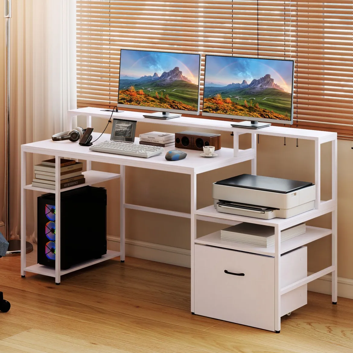 Computertisch mit Ladestation & Erhöhtem Monitorhalter Mehrstöckiger Schreibtisch 166 x 60 x 88 cm Weiß