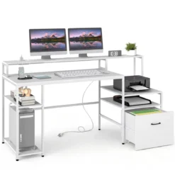Computertisch mit Ladestation & Erhöhtem Monitorhalter Mehrstöckiger Schreibtisch 166 x 60 x 88 cm Weiß