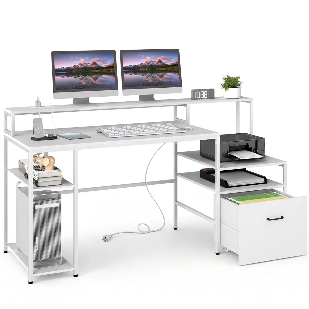 Computertisch mit Ladestation & Erhöhtem Monitorhalter Mehrstöckiger Schreibtisch 166 x 60 x 88 cm Weiß