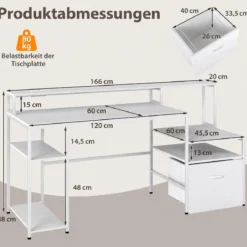 Computertisch mit Ladestation & Erhöhtem Monitorhalter Mehrstöckiger Schreibtisch 166 x 60 x 88 cm Weiß