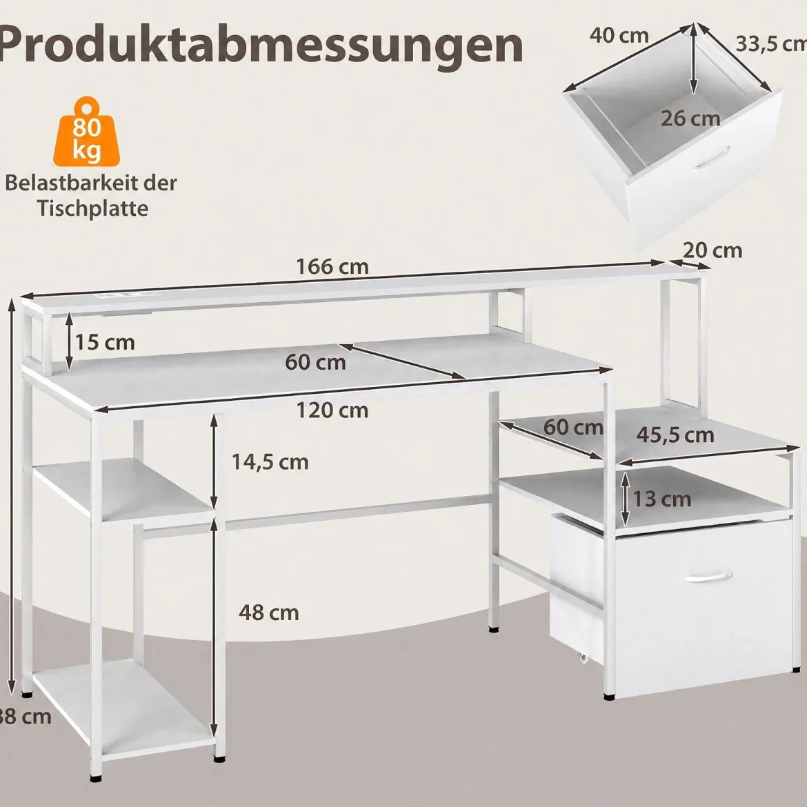 Computertisch mit Ladestation & Erhöhtem Monitorhalter Mehrstöckiger Schreibtisch 166 x 60 x 88 cm Weiß