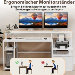 Computertisch mit Ladestation & Erhöhtem Monitorhalter Mehrstöckiger Schreibtisch 166 x 60 x 88 cm Weiß