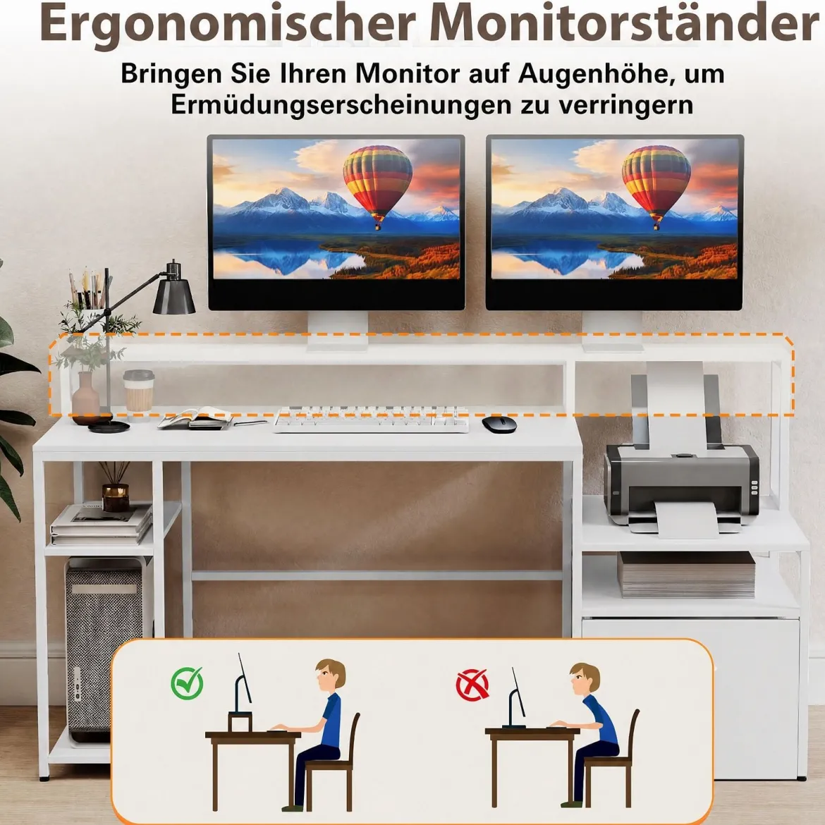 Computertisch mit Ladestation & Erhöhtem Monitorhalter Mehrstöckiger Schreibtisch 166 x 60 x 88 cm Weiß