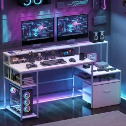 Computertisch mit Ladestation & Erhöhtem Monitorhalter Mehrstöckiger Schreibtisch 166 x 60 x 88 cm Weiß
