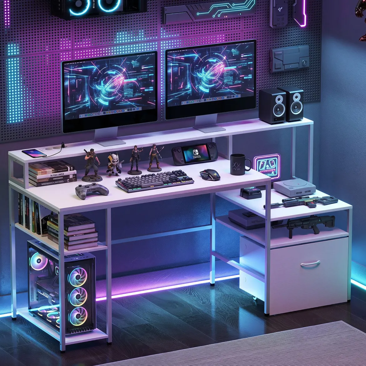 Computertisch mit Ladestation & Erhöhtem Monitorhalter Mehrstöckiger Schreibtisch 166 x 60 x 88 cm Weiß