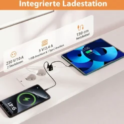 Computertisch mit Ladestation & Erhöhtem Monitorhalter Mehrstöckiger Schreibtisch 166 x 60 x 88 cm Weiß