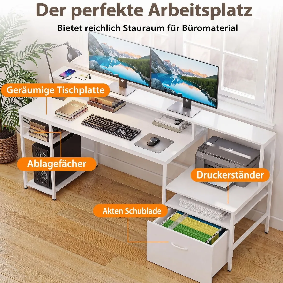 Computertisch mit Ladestation & Erhöhtem Monitorhalter Mehrstöckiger Schreibtisch 166 x 60 x 88 cm Weiß